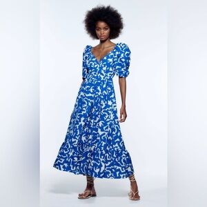 Blue & White Printed Poplin Zara dress with short sleeves, NWT, sz M